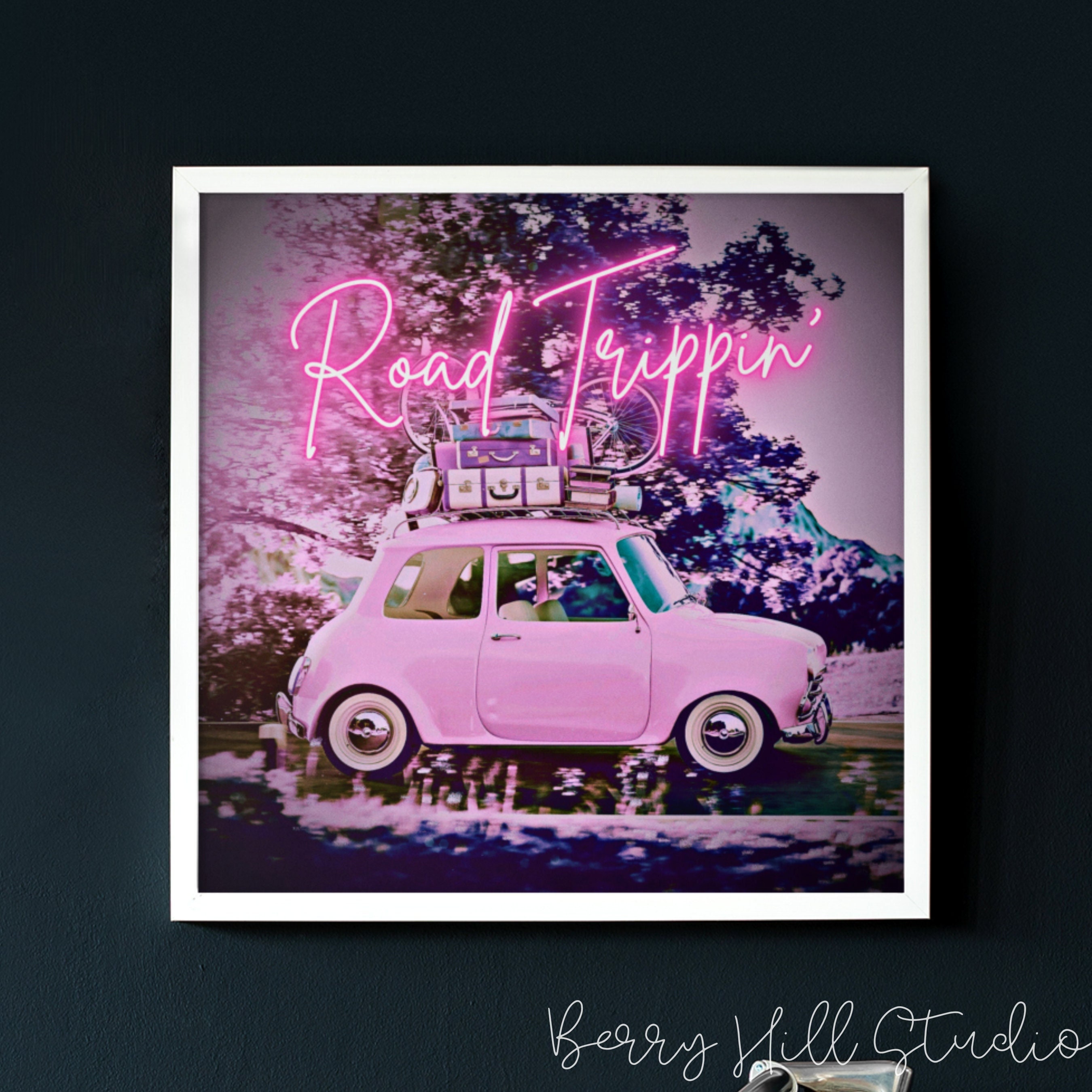 Road Trippin' Neon Wall Art Print, Pink Travel Prints, Neon Wall