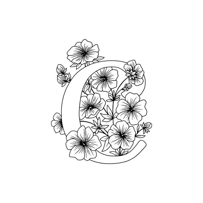 floral coloring pages letter c colouring page print etsy