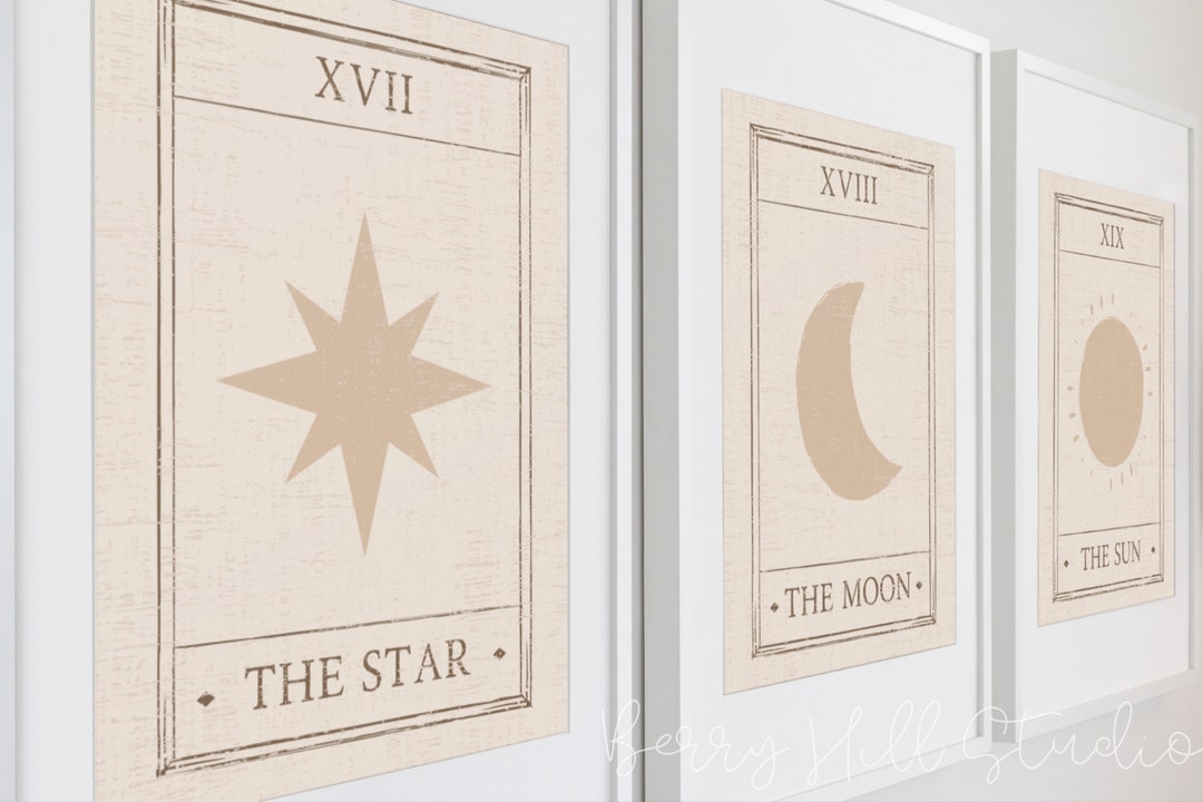 Quadro Su Tela Con Tarocchi Mistici Astrologici – 3 Pannelli 30x40 Cm, Arte Parete Sole E Luna