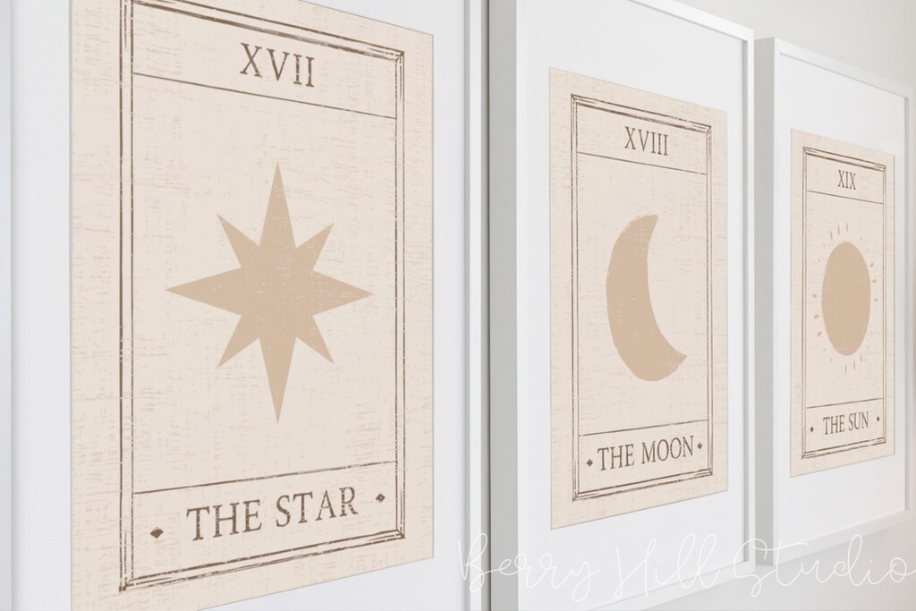 Quadro Su Tela Con Tarocchi Mistici Astrologici – 3 Pannelli 30x40 Cm, Arte Parete Sole E Luna