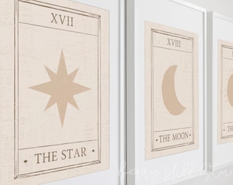 Set of 3 Tarot Art Prints, Modern Celestial Wall Art, Boho Decor, Neutral Bohemian Prints, The Sun The Moon The Star Tarot Prints