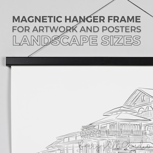 May include: Black magnetic hanger frame for artwork and posters. The frame is designed for landscape-oriented artwork. The text "MAGNETIC HANGER FRAME FOR ARTWORK AND POSTERS LANDSCAPE SIZES" is displayed at the top of the image.