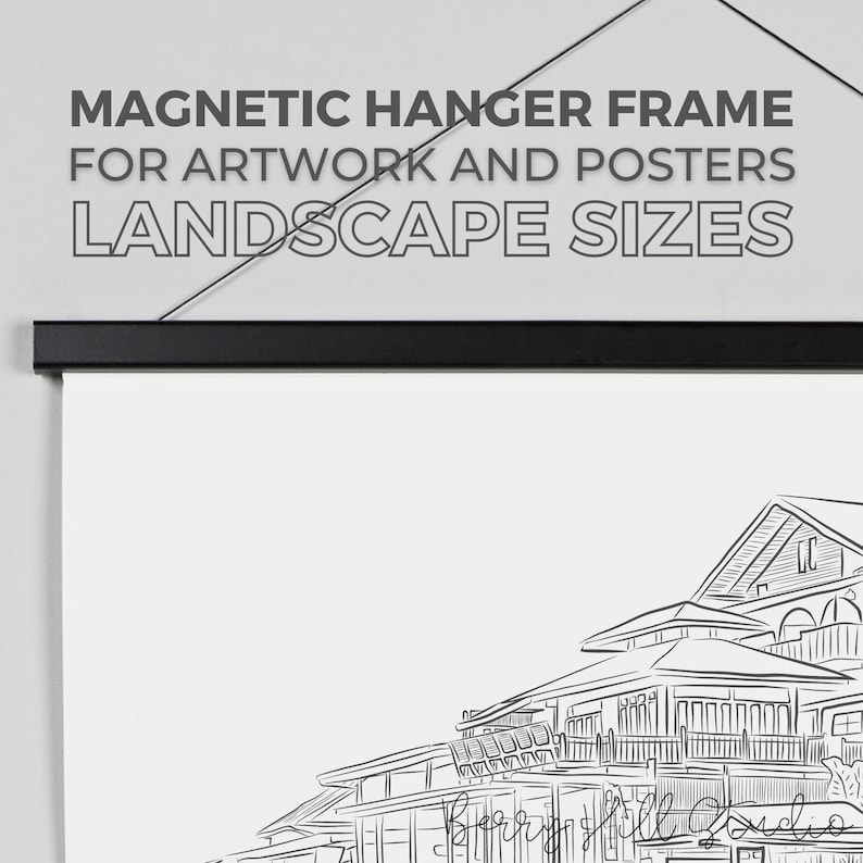 May include: Black magnetic hanger frame for artwork and posters. The frame is designed for landscape-oriented artwork. The text "MAGNETIC HANGER FRAME FOR ARTWORK AND POSTERS LANDSCAPE SIZES" is displayed at the top of the image.