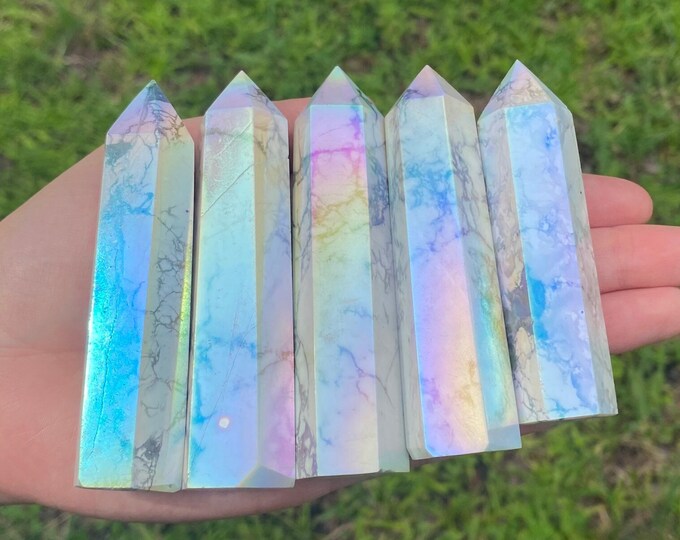 Angel Aura Howlite Crystal Point Tower Obelisk