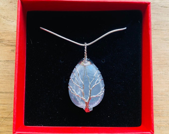 Natural Clear Quartz Hand Wrapped Tree Of Life Necklace With Sterling Silver Chain