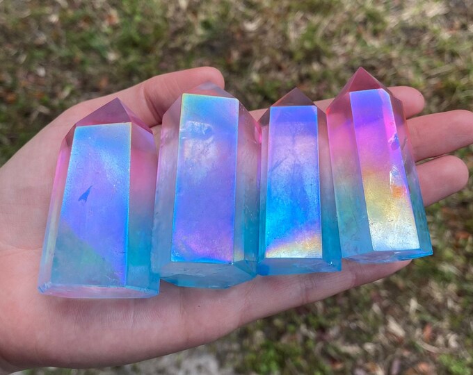Rainbow Angel Aura Quartz Crystal Polished Obelisk Point Genuine