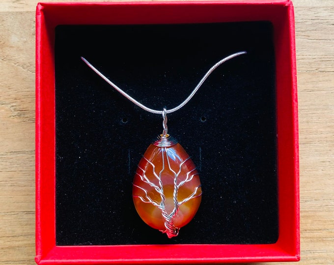 Natural Carnelian Hand Wrapped Tree Of Life Necklace With Sterling Silver Chain
