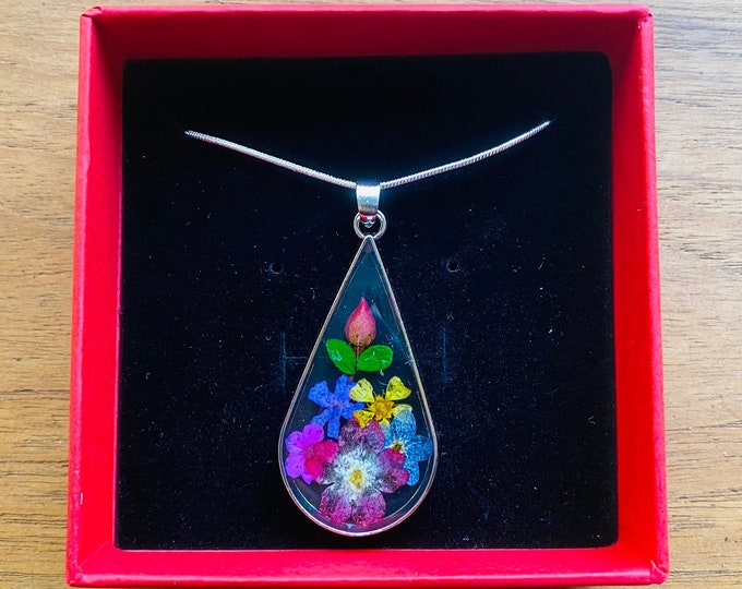 Real Preserved Flowers In Resin Necklace With Sterling Silver Chain