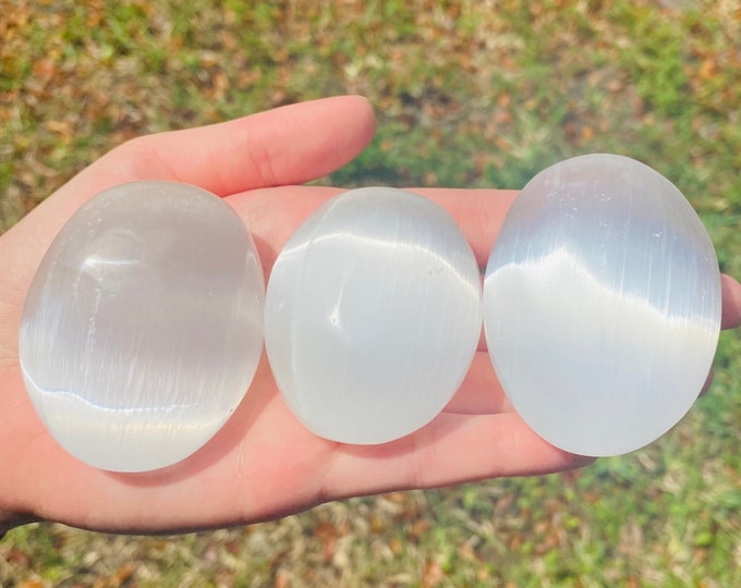 Cat's Eye Palm Stone Large Natural Selenite Crystal Polished