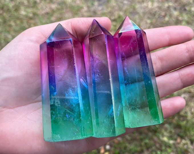 Rainbow Angel Aura Quartz Crystal Polished Obelisk Point Genuine