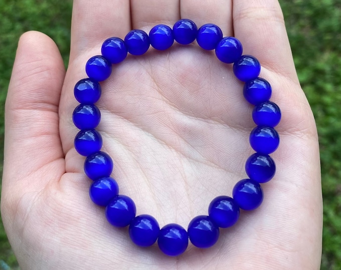 Natural Dark Blue Cat's Eye Gemstone Crystal Bracelet 8MM