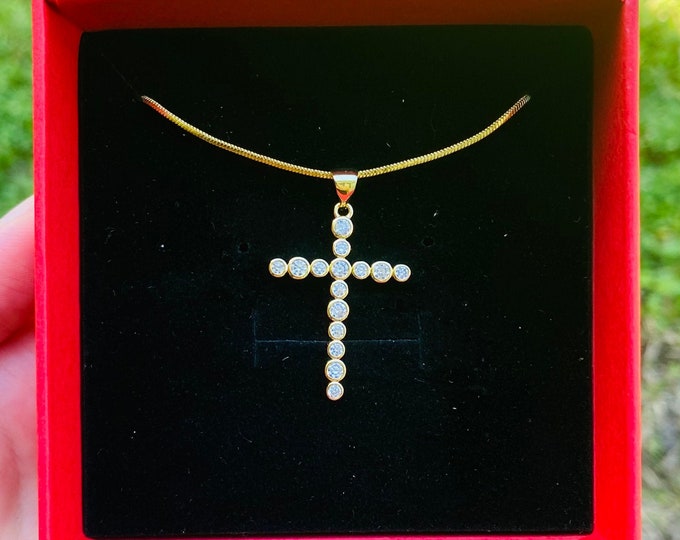 Gold Filled Cross Necklace With Gold Plated Chain Clear Stone