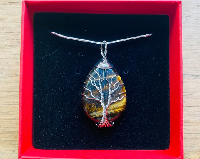 Natural Tiger's Eye Hand Wrapped Tree Of Life Necklace With Sterling Silver Chain