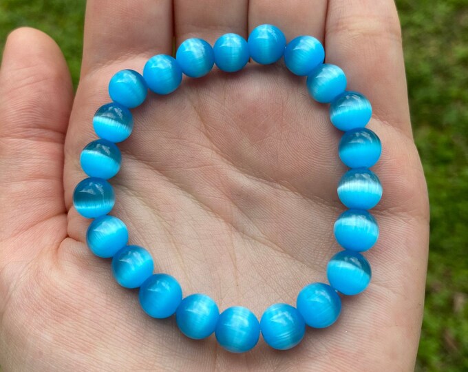 Natural Blue Cat's Eye Gemstone Crystal Bracelet 8MM