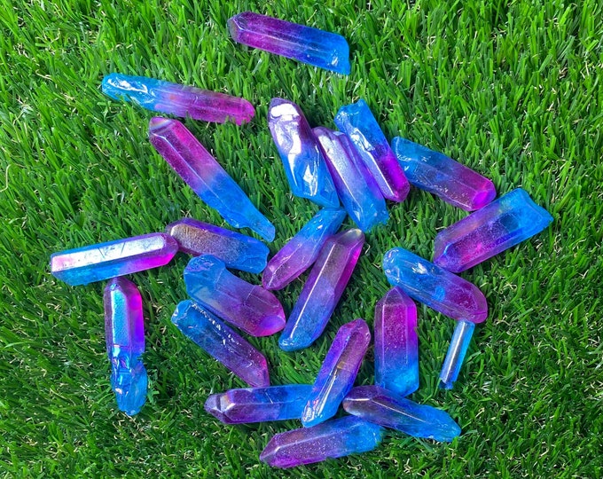 Purple Blue Angel Aura Quartz Crystal Polished Point Wand