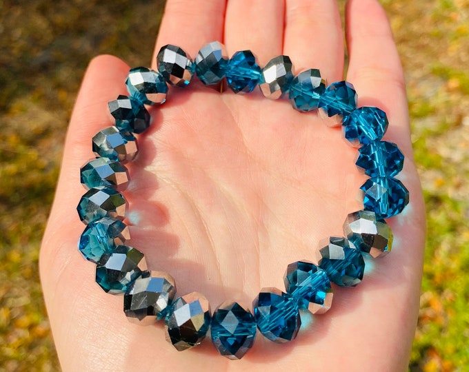 Blue Silver Czech Crystal Bracelet Handmade 12MM Rondelle Beads
