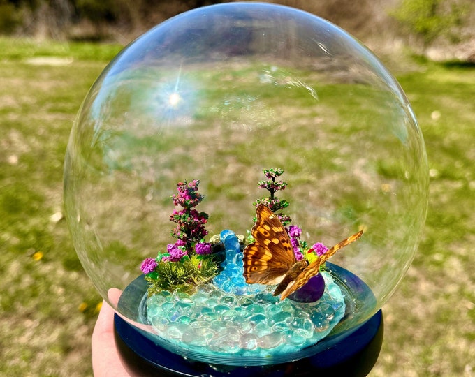 Featured listing image: Real Butterfly In Glass Dome/Purple Emperor Waterfall Diorama With Natural Amethyst Crystal