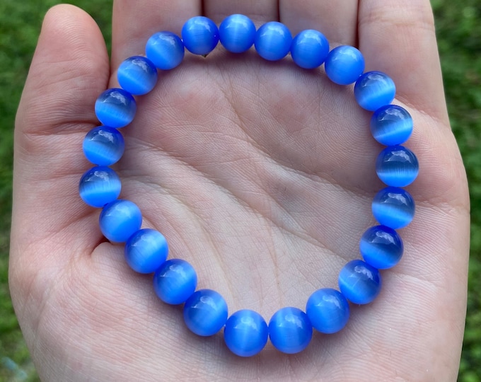 Natural Sky Blue Cat's Eye Gemstone Crystal Bracelet 8MM