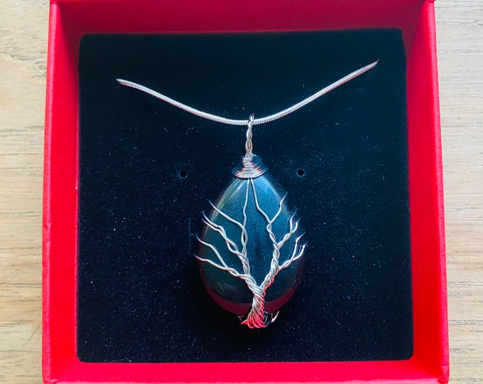 Natural Black Obsidian Hand Wrapped Tree Of Life Necklace With Sterling Silver Chain