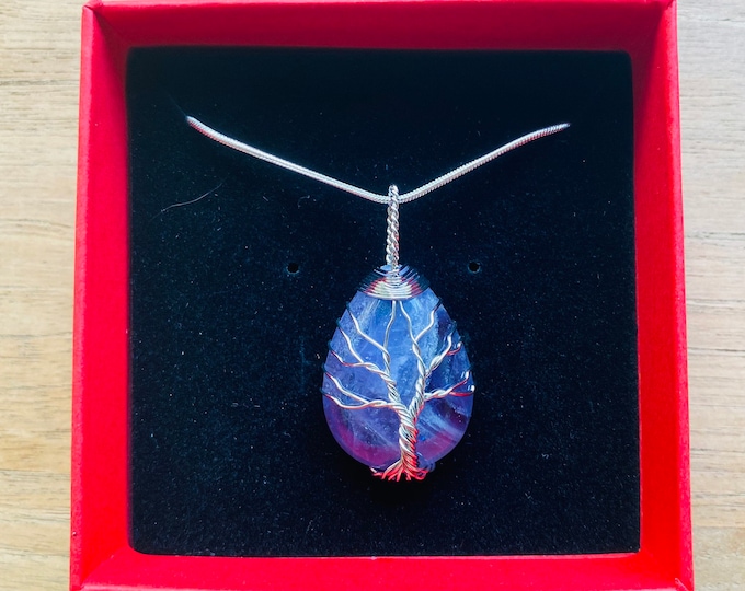 Natural Amethyst Hand Wrapped Tree Of Life Necklace With Sterling Silver Chain