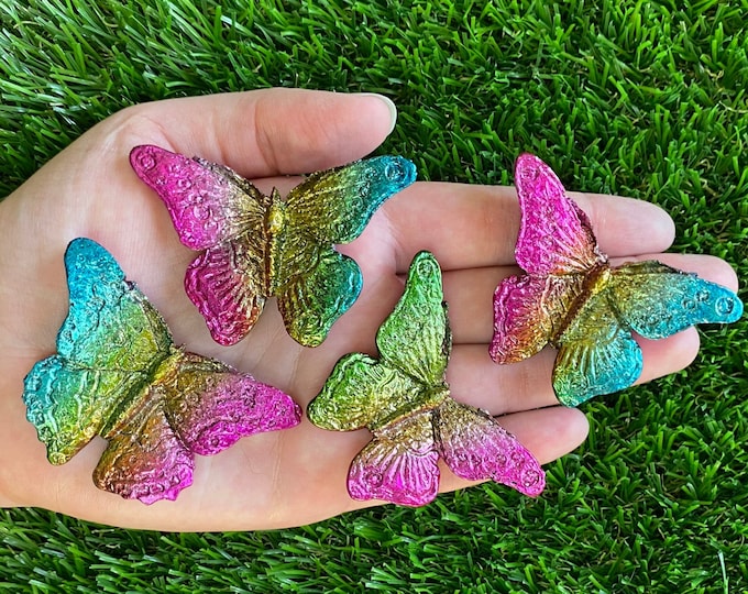 Hand Carved Genuine Rainbow Bismuth Butterfly Crystal Palm Stone
