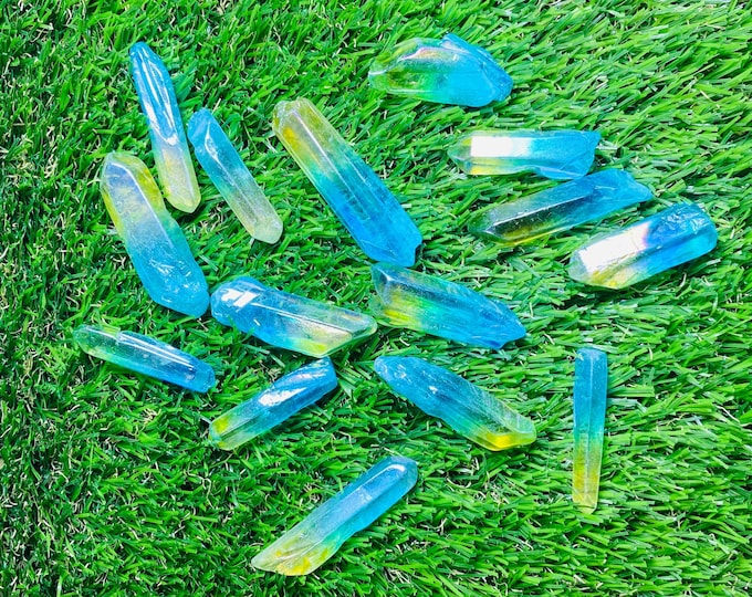 Blue Yellow Angel Aura Quartz Crystal Polished Point Wand