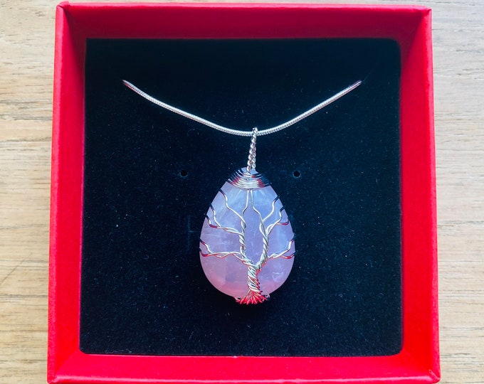 Natural Rose Quartz Hand Wrapped Tree Of Life Necklace With Sterling Silver Chain