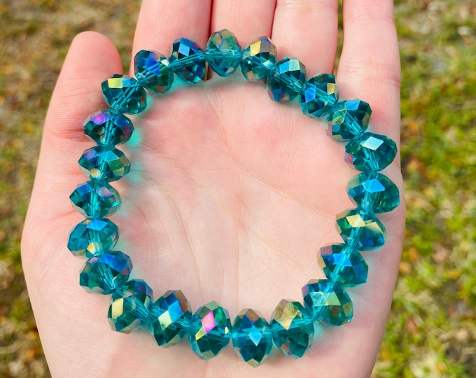 Teal Czech Crystal Bracelet Handmade 12MM Rondelle Beads