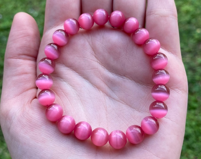 Natural Pink Cat's Eye Gemstone Crystal Bracelet 8MM