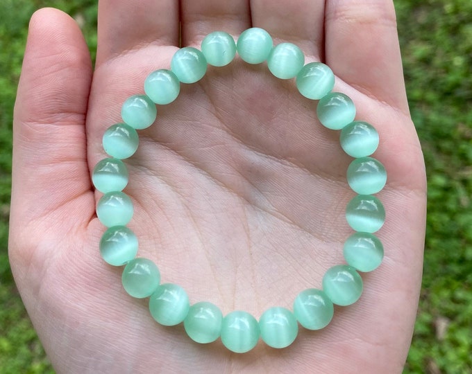Natural Green Cat's Eye Gemstone Crystal Bracelet 8MM