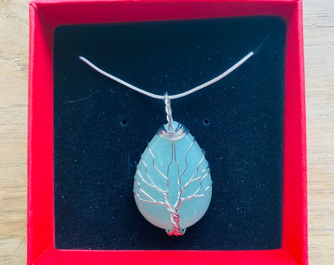 Natural Green Aventurine Hand Wrapped Tree Of Life Necklace With Sterling Silver Chain