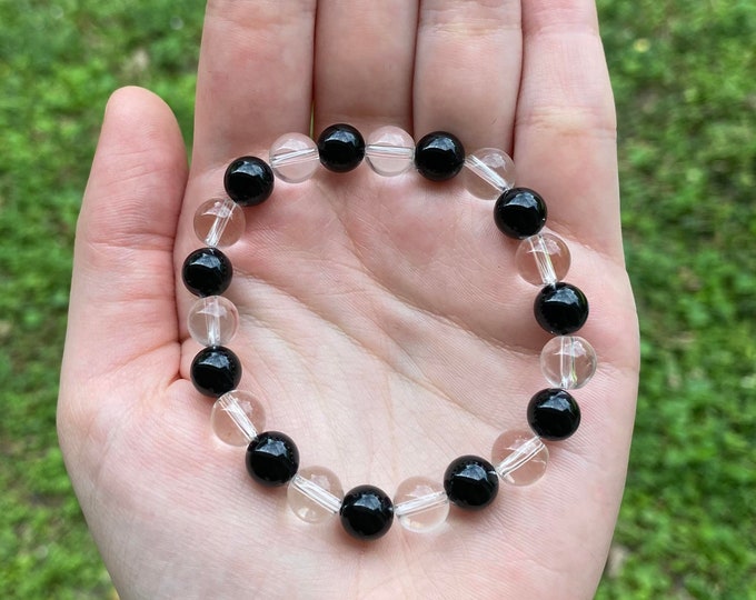Natural Black Onyx & Clear Quartz Crystal Bracelet 8MM Handmade Custom Made Jewelry
