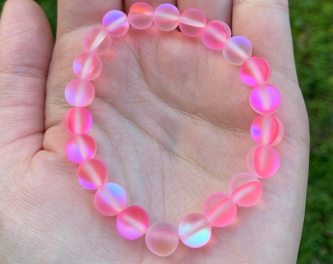 Genuine Pink Mystic Aura Quartz Crystal Bracelet 8MM Handmade Custom Made Jewelry