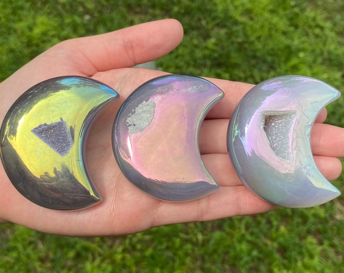 Angel Aura Druzy Agate Polished Crystal Crescent Moon