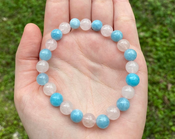 Natural Rose Quartz & Blue Quartz Crystal Bracelet 8MM Handmade Custom Made Jewelry