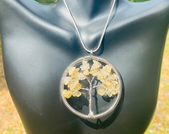 Natural Citrine Hand Wrapped Necklace Tree Of Life Gemstone Crystal With Sterling Silver Chain