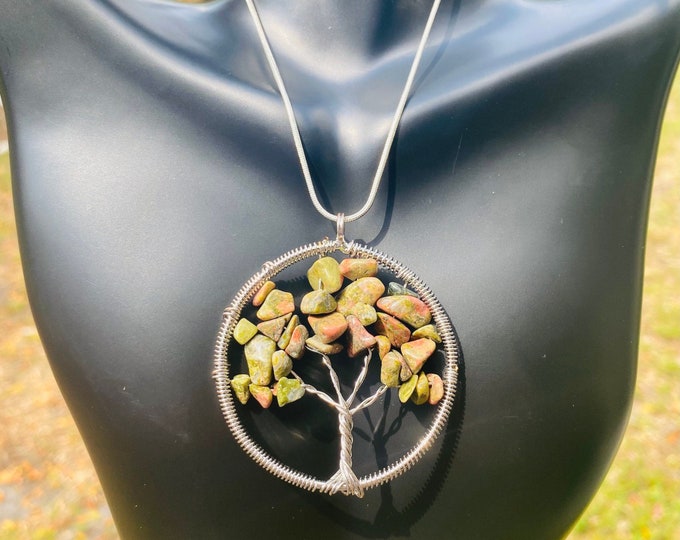 Natural Unakite Hand Wrapped Necklace Tree Of Life Gemstone Crystal With Sterling Silver Chain