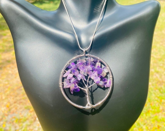 Natural Amethyst Hand Wrapped Necklace Tree Of Life Gemstone Crystal With Sterling Silver Chain
