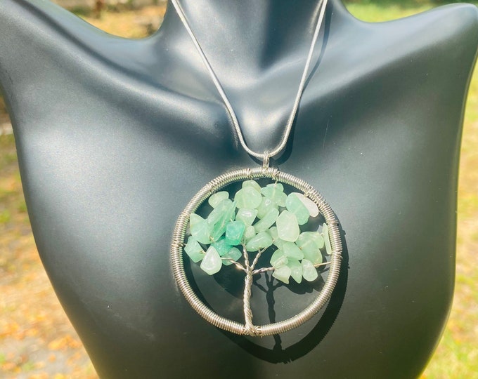 Natural Green Aventurine Hand Wrapped Necklace Tree Of Life Gemstone Crystal With Sterling Silver Chain