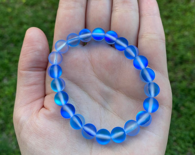 Sapphire Blue Mystic Aura Quartz Crystal Bracelet 8MM Handmade Custom Made Jewelry