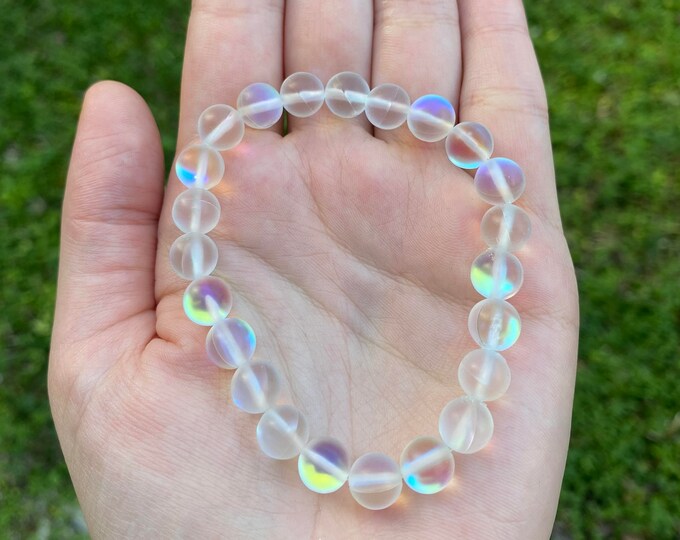 Genuine White Mystic Aura Quartz Crystal Bracelet 8MM Handmade Custom Made Jewelry