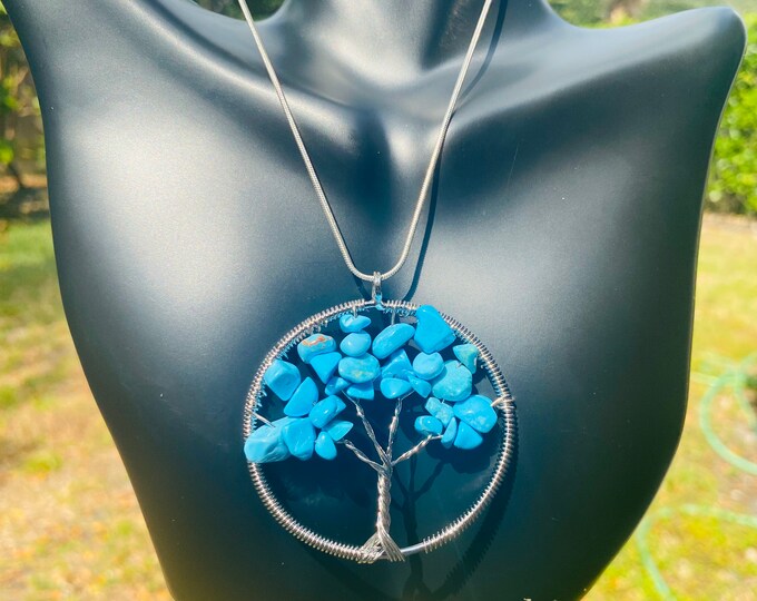Natural Blue Howlite Hand Wrapped Necklace Tree Of Life Gemstone Crystal With Sterling Silver Chain