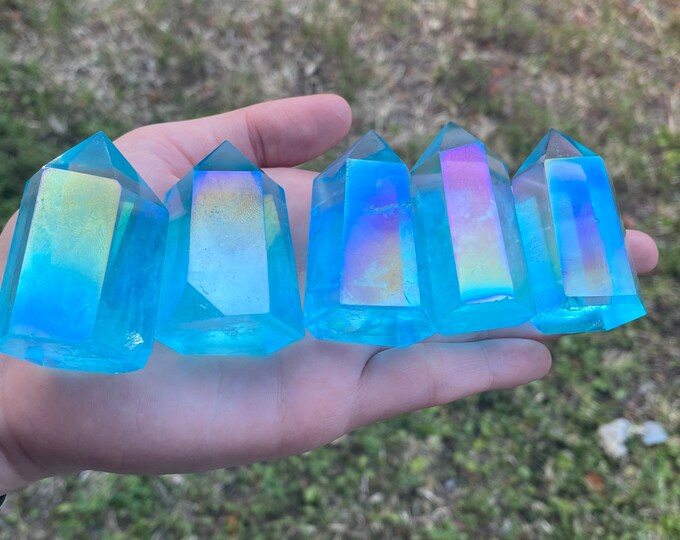 Aqua Aura Quartz Crystal Polished Point Obelisk Genuine