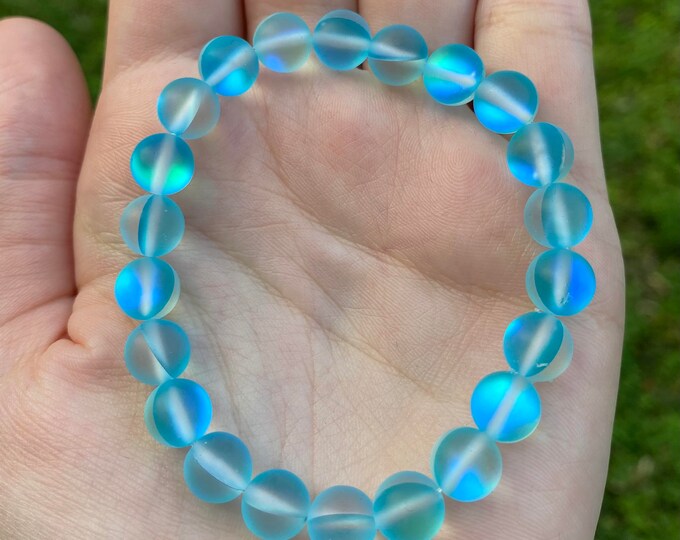 Blue Mystic Aura Quartz Crystal Bracelet 8MM Handmade Custom Made Jewelry