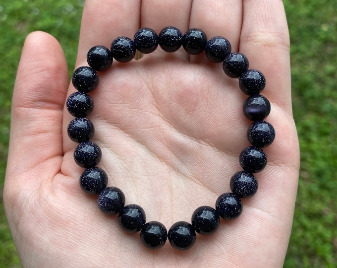 Genuine Blue Goldstone Sandstone Crystal Bracelet 8MM Handmade Custom Made Jewelry