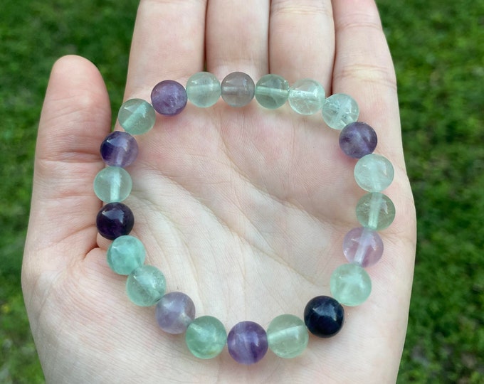 Natural Rainbow Fluorite Crystal Bracelet 8MM Handmade Custom Made Jewelry