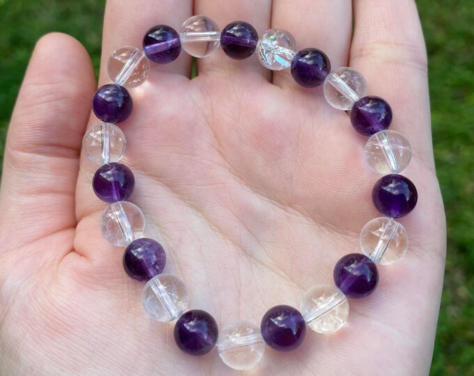 Natural Amethyst And Clear Quartz Crystal Bracelet 8MM Handmade Custom Made Jewelry