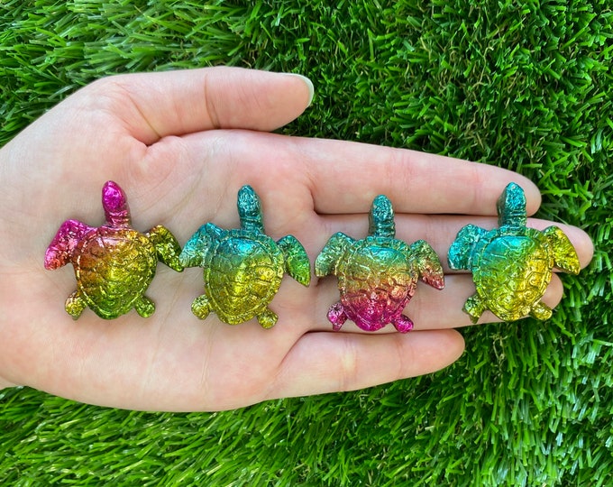 Hand Carved Genuine Rainbow Bismuth Turtle Crystal Palm Stone