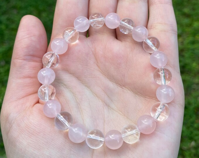 Natural Rose Quartz And Clear Quartz Crystal Bracelet 8MM Handmade Custom Made Jewelry