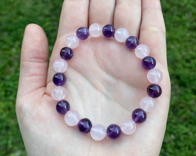 Natural Amethyst and Rose Quartz Crystal Bracelet 8MM Handmade Custom Made Jewelry